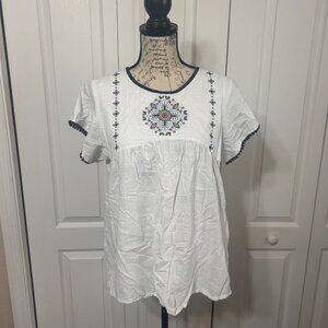 LuLaRoe Paisley embroidered top, white with navy embroidery at chest size large